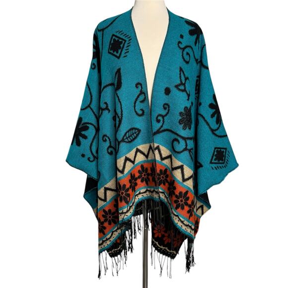 Woven Wool Wrap Shawl Poncho Reversible Southwest Design One Size - Picture 1 of 8